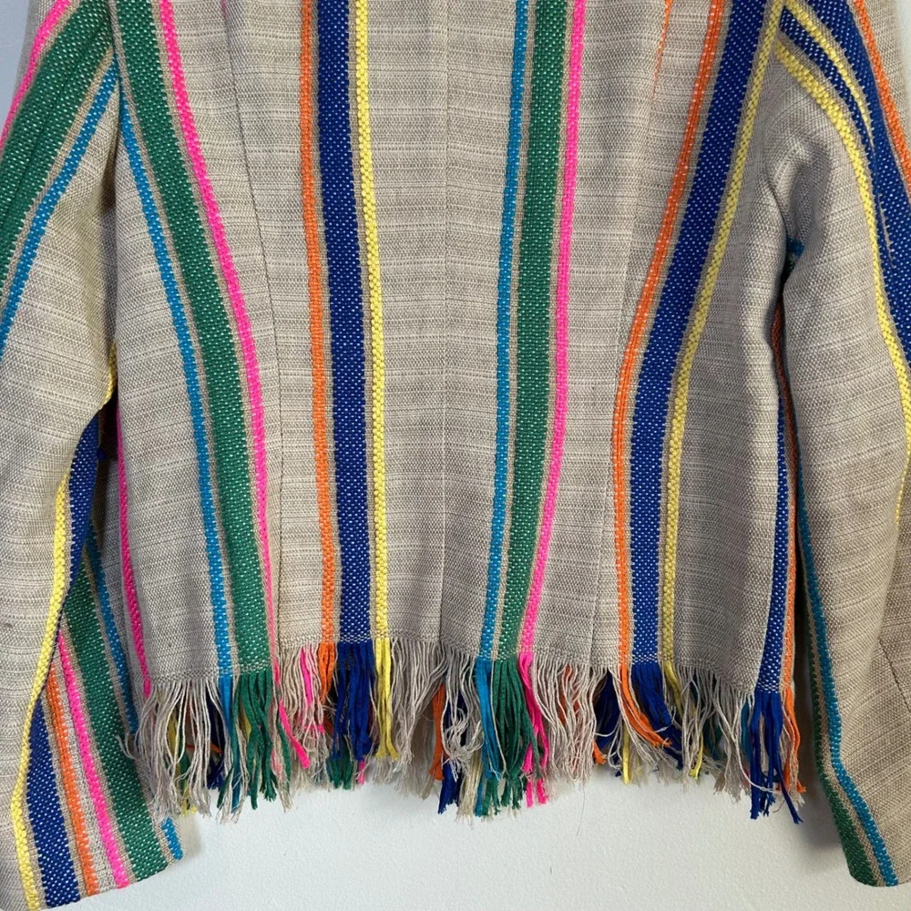 EUC‎ ecru Blazer Striped Fringe Hem Size S Tan Multicolor Boho Festival